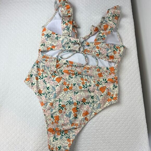 Women's 2XL XXL Orange White Floral Open Back One Piece Swimsuit Swimwear Frill - Picture 10 of 13